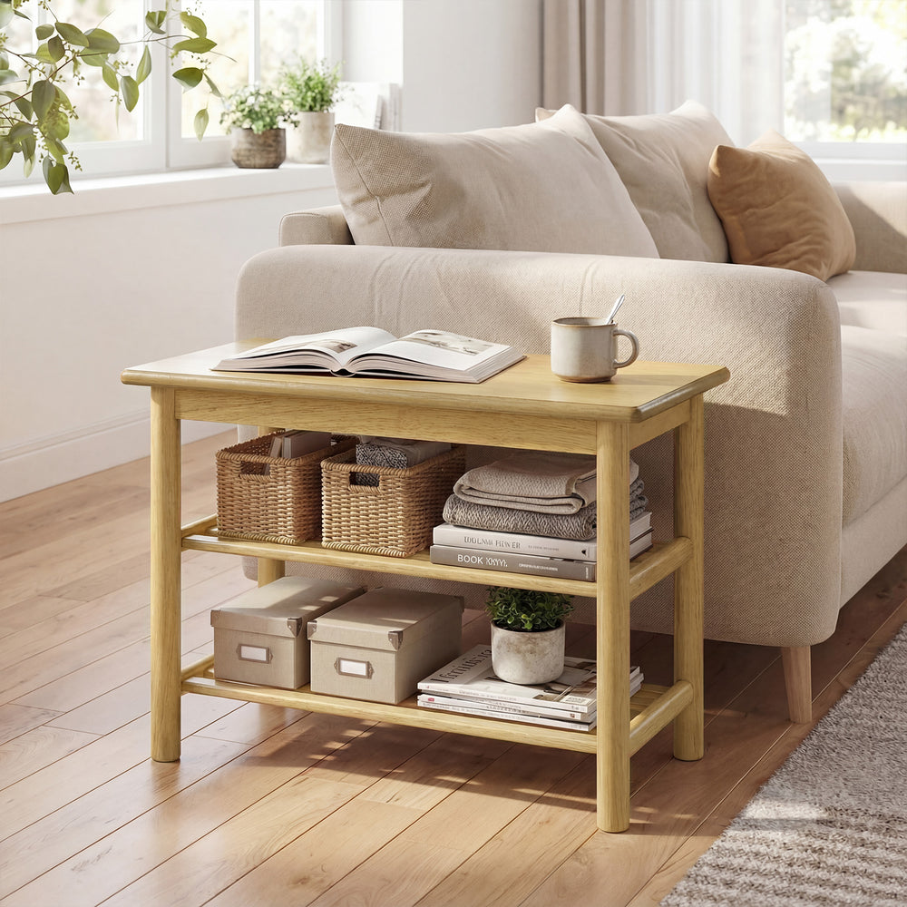 Natural rubberwood shoe rack bench with 3-tier storage, perfect for entryway or living room organization.