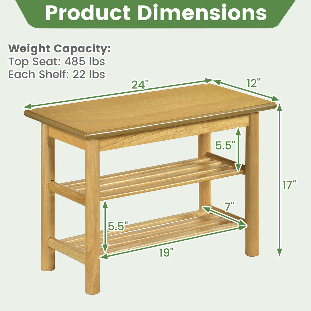 3-tier rubberwood shoe rack bench with natural finish, dimensions 24" x 12", ideal for entryway or bedroom storage.