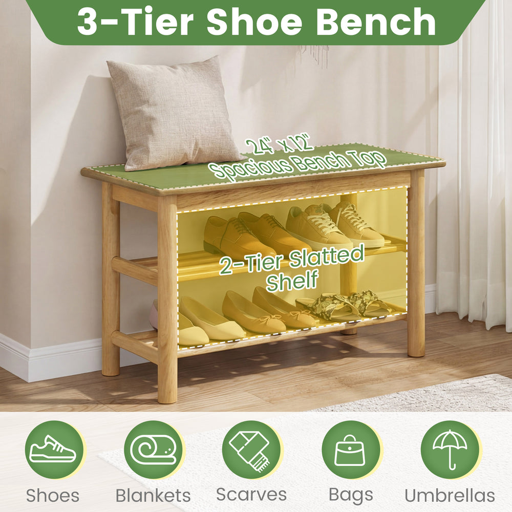 3-tier shoe rack bench in natural rubberwood with 24" x 12" top, ideal for entryway or bedroom storage.
