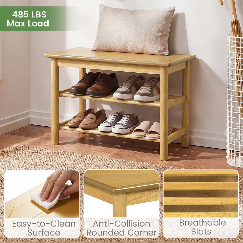 3-tier rubberwood shoe rack bench with slatted shelves, natural finish, ideal for entryway or bedroom storage.