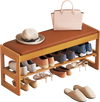 Shoe rack bench with brown waterproof PU leather seat and rubberwood frame, featuring flip-open storage and open shoe.
