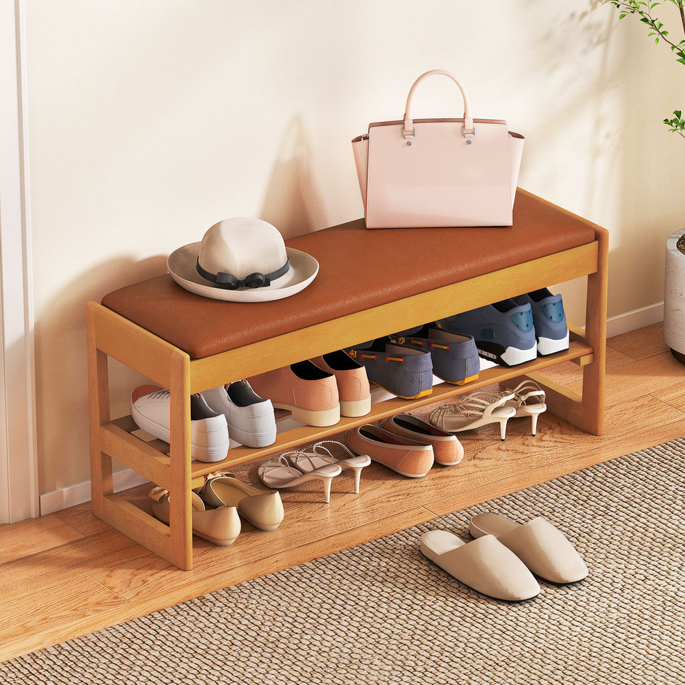 Shoe Rack Bench with Storage 2-Tier Rubberwood Entryway Bench with Flip-Open Storage-Brown - Gallery View 1 of 10