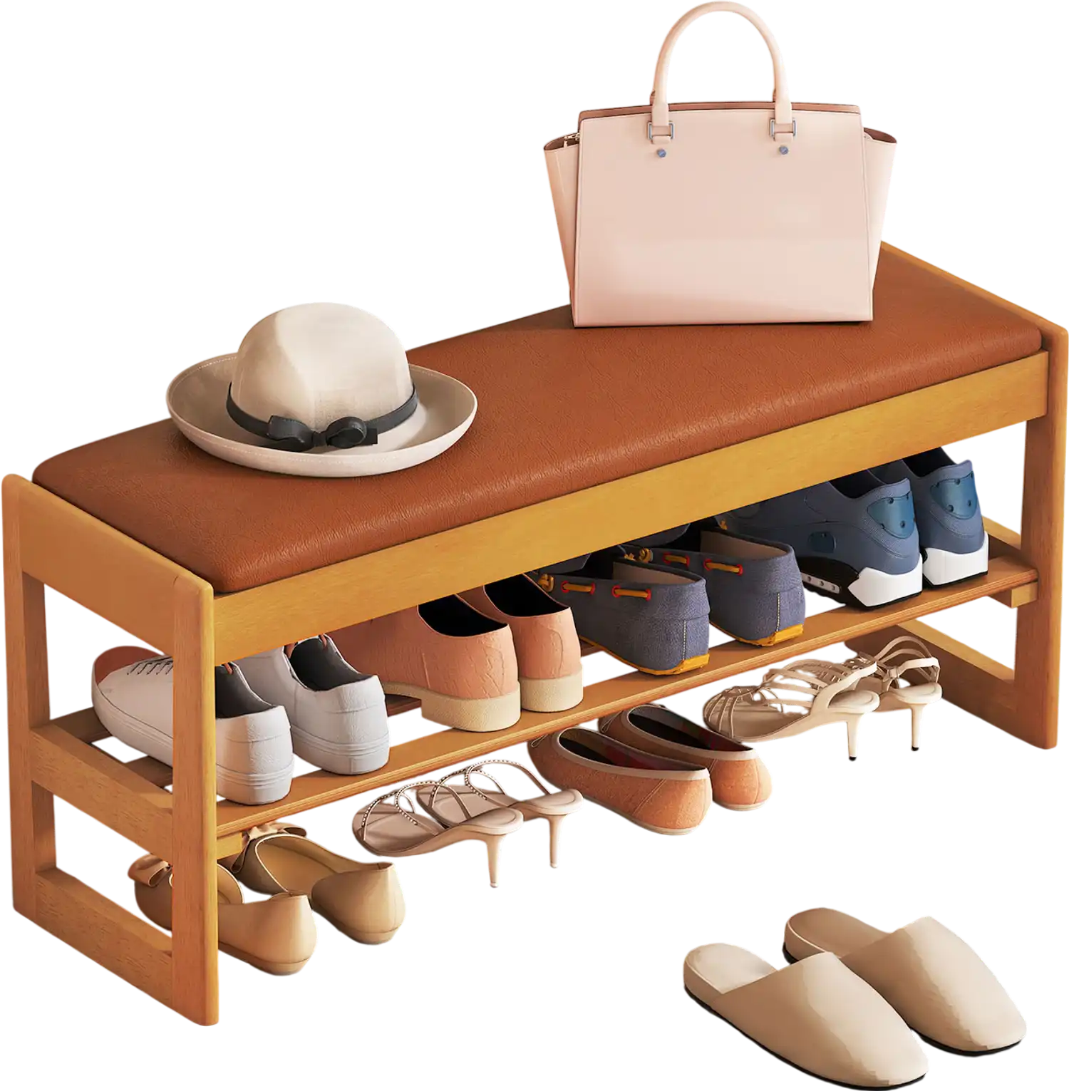 Costway Shoe Rack Storage Bench Rubberwood Entryway Flip-Open 2-Tier 64719572 New