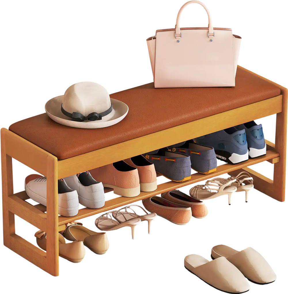 Shoe rack bench with brown waterproof PU leather seat and rubberwood frame, featuring flip-open storage and open shoe.