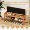 Shoe rack bench with flip-open storage in brown rubberwood, featuring a padded seat and slatted shelf for organized.
