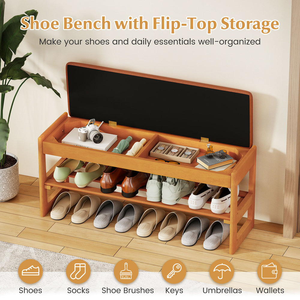 Shoe rack bench with flip-open storage in brown rubberwood, featuring a padded seat and slatted shelf for organized.