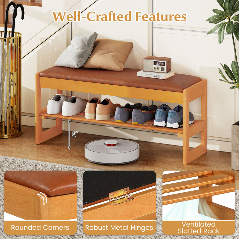 Shoe rack bench in brown with flip-open storage, slatted shelf, and rounded corners for stylish entryway organization.