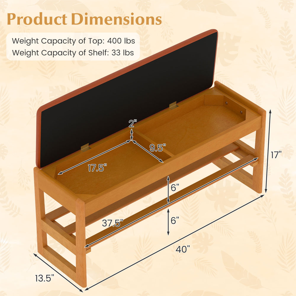 Shoe rack bench with flip-open storage, solid rubberwood frame, and slatted shelf for organized shoe storage in brown.
