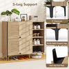 Shoe rack organizer in oak with flip-up doors, adjustable shelves, and 5-leg support for entryway or hallway use.