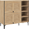Shoe rack organizer in oak with flip-up see-through doors, adjustable shelves, and rustic modern design for entryway.