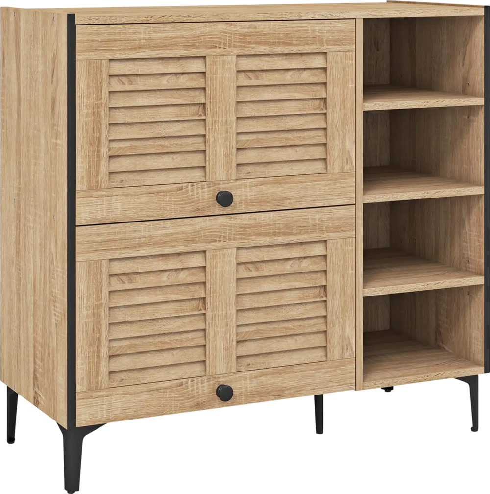 Shoe rack organizer in oak with flip-up see-through doors, adjustable shelves, and rustic modern design for entryway.