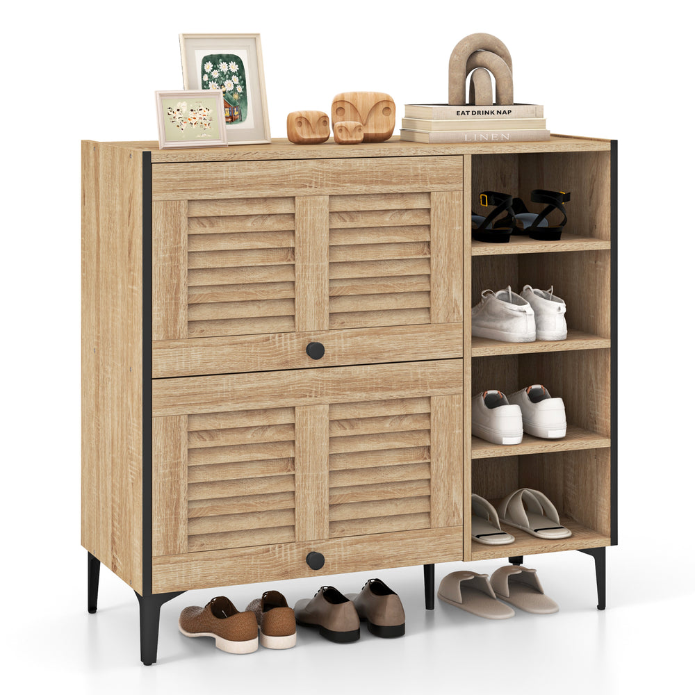 Shoe rack organizer in oak with flip-up see-through doors, adjustable shelves, and 5-leg support for entryway storage.