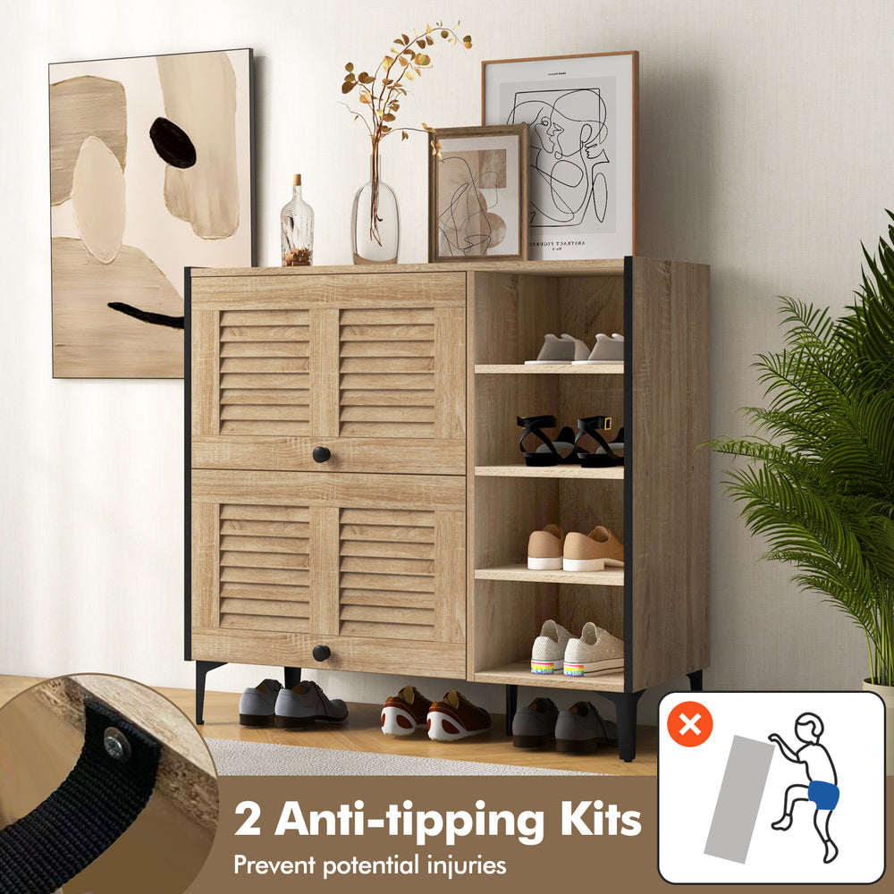 Shoe rack organizer in oak with flip-up see-through doors, adjustable shelves, and anti-tipping kits for safety.