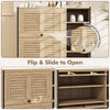 Shoe rack organizer in oak with flip-up see-through doors and adjustable shelves for versatile storage in entryway.