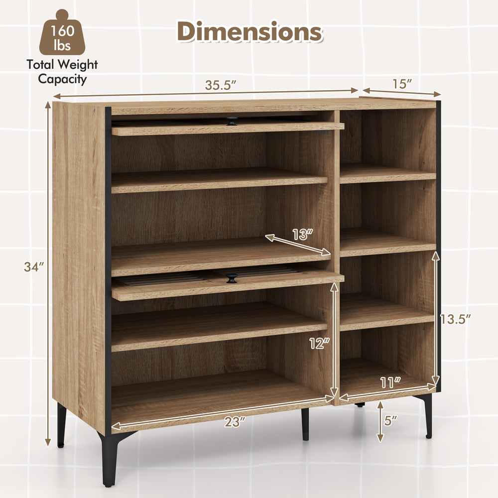 Shoe rack organizer in oak with adjustable shelves, flip-up see-through doors, and modern design for entryway storage.