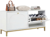 Narrow white shoe storage bench with two flip drawers and adjustable shelves, perfect for entryway organization.