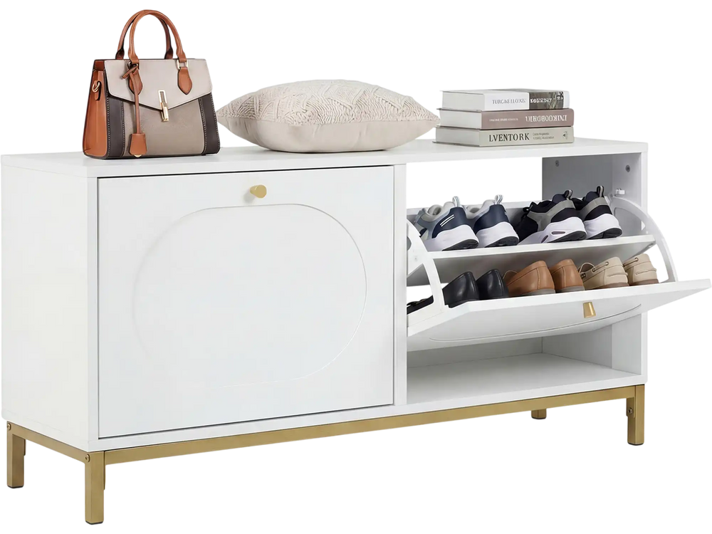 Narrow white shoe storage bench with two flip drawers and adjustable shelves, perfect for entryway organization.