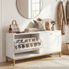 Shoe storage bench featuring a sleek white finish, metal legs, and stylish knobs, ideal for entryway seating and.