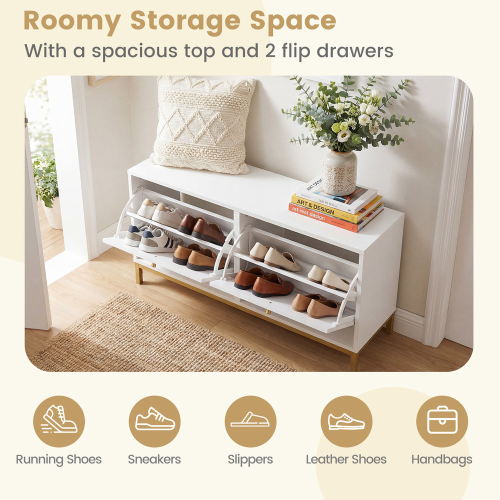 Shoe storage bench with two flip drawers and adjustable shelves, perfect for entryway organization and shoe changing.