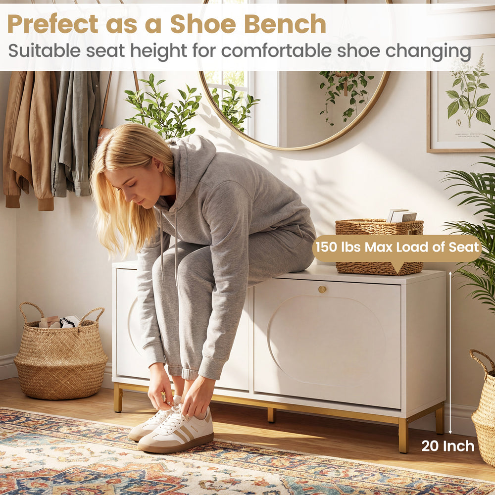 Shoe storage bench with 2 flip drawers and adjustable shelves, 20" seat height, perfect for entryway shoe changing.