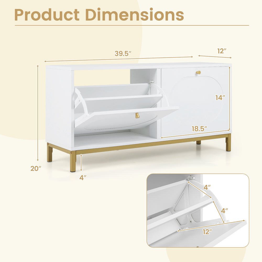 Shoe storage bench dimensions with two flip drawers and adjustable shelves, ideal for entryway or living room use.