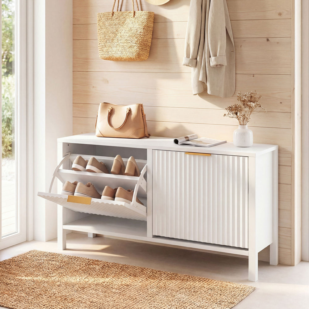 Shoe Storage Bench Narrow Wooden Entryway Bench with 2 Flip Drawers-White - Gallery View 1 of 10