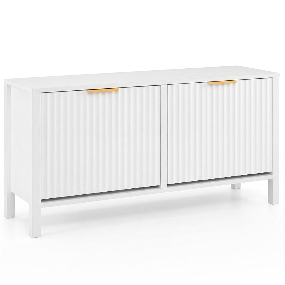 Narrow white shoe storage bench with fluted doors, two flip drawers, and adjustable shelves for organized entryway.
