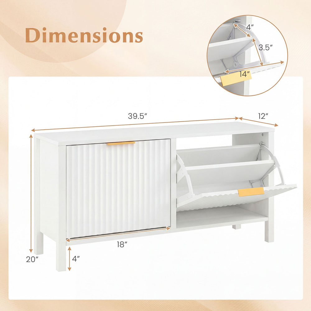 Shoe storage bench dimensions with two flip drawers, adjustable shelves, and elegant fluted doors for entryway.