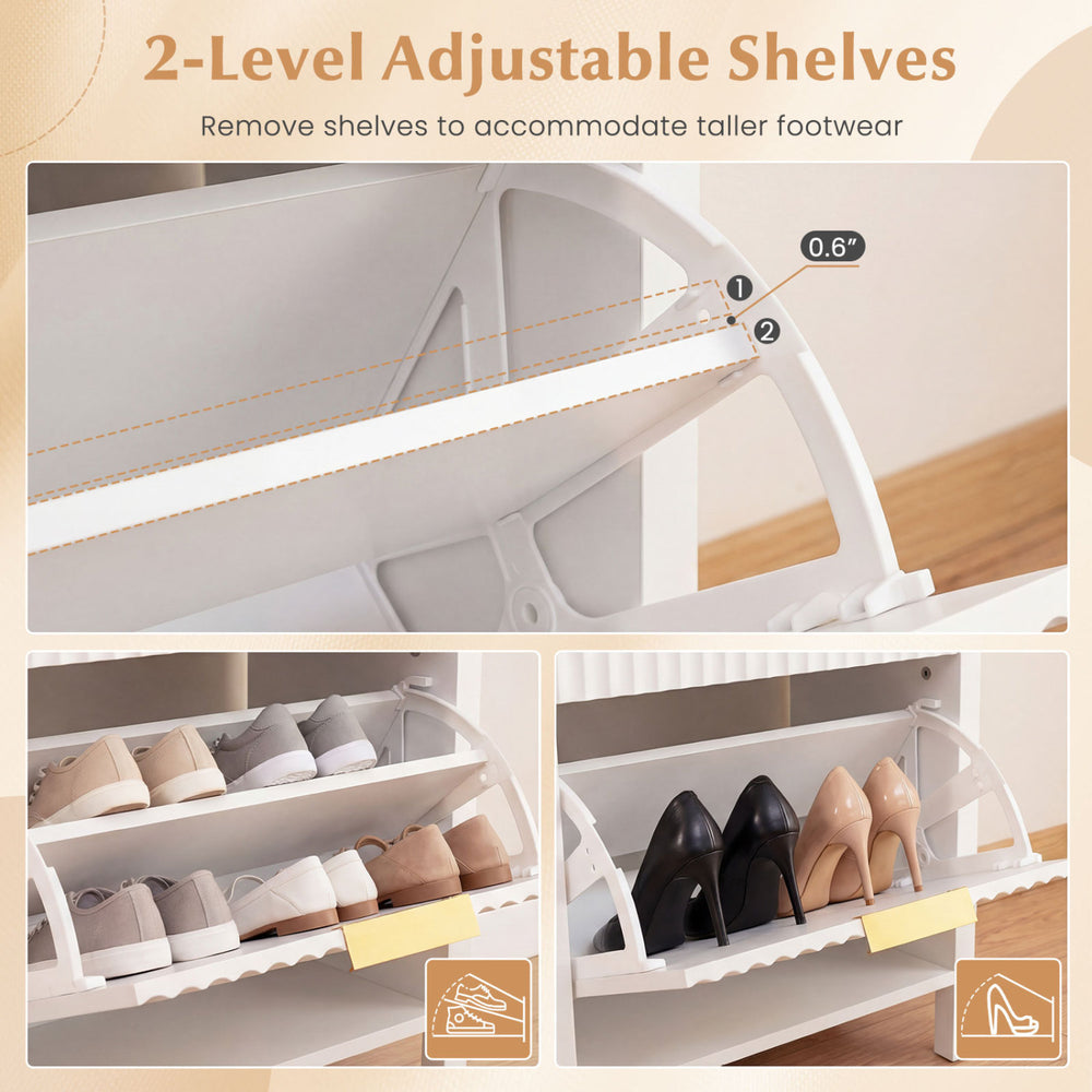 Narrow white wooden shoe storage bench with 2 adjustable shelves and flip drawers, perfect for entryway organization.