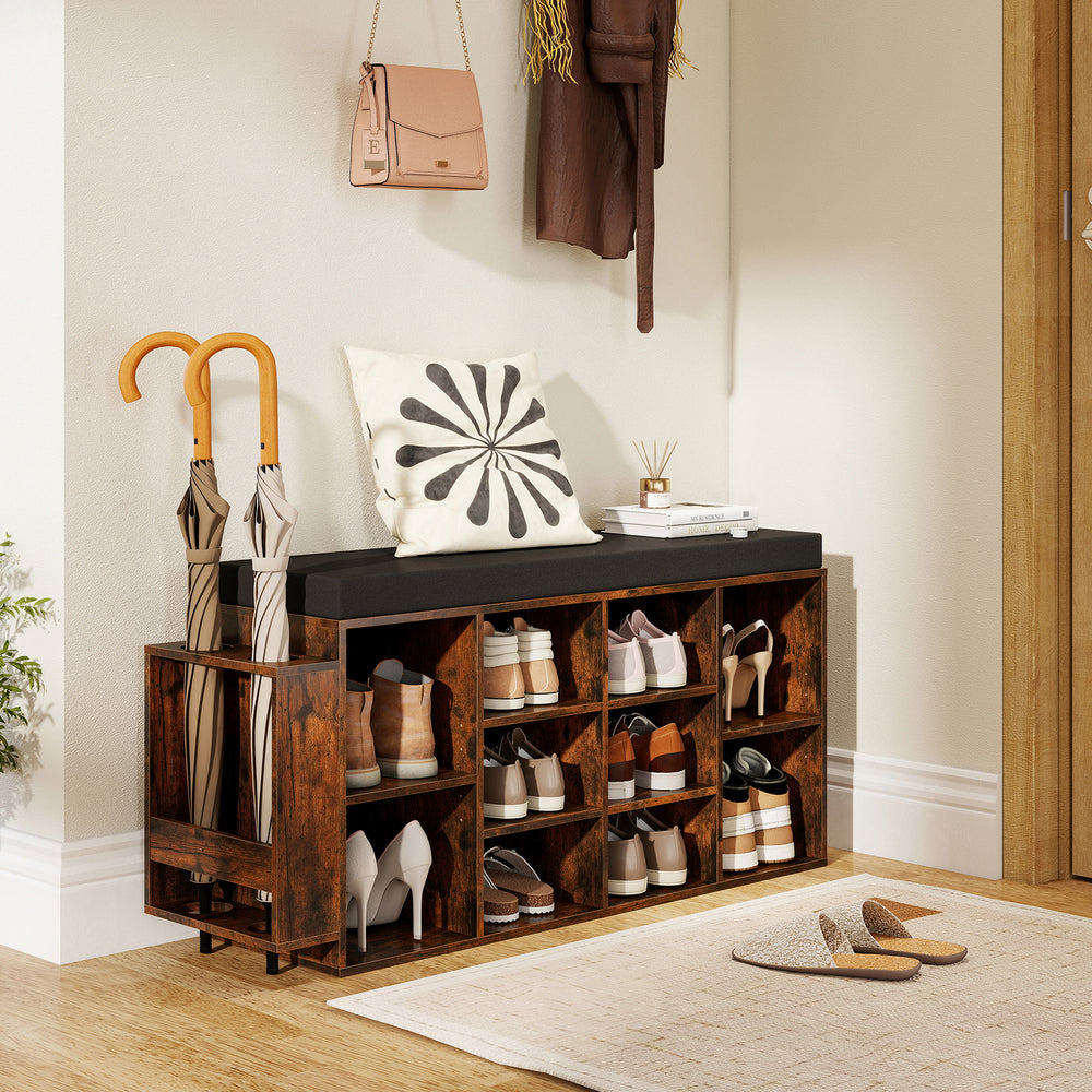 Shoe Storage Bench with Umbrella Stand 10-Cubby Entryway Shoe Rack Organizer-Rustic Brown - Gallery View 1 of 10