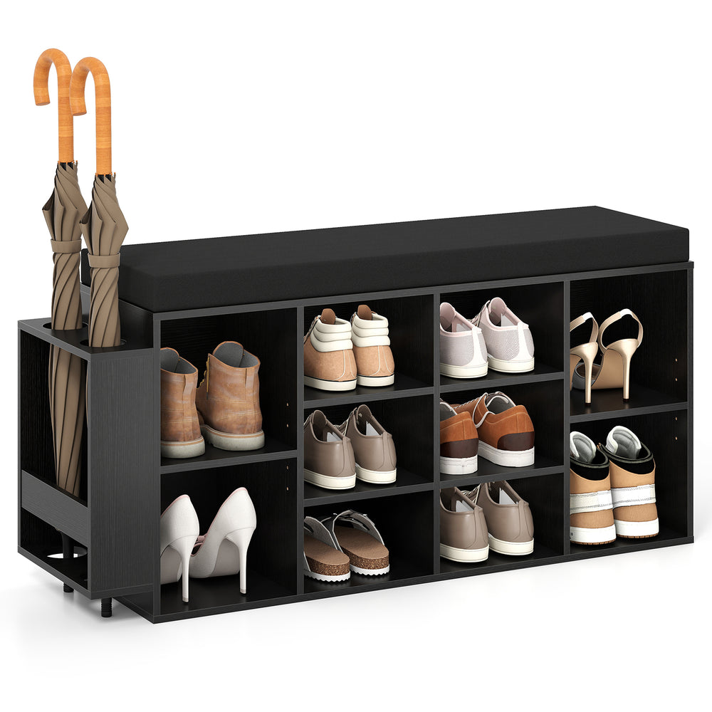 Shoe storage bench with umbrella stand, featuring 10 cubbies and a padded seat, ideal for entryway organization.