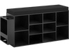 Shoe storage bench with 10 cubbies, black finish, and removable cushion, ideal for entryway organization.