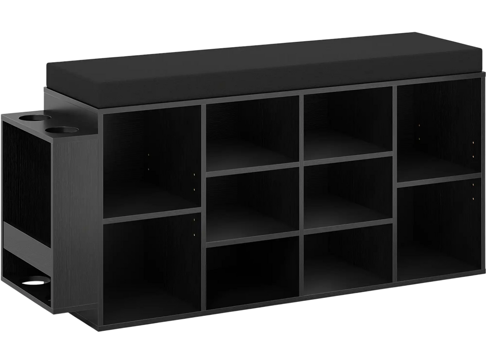 Shoe storage bench with 10 cubbies, black finish, and removable cushion, ideal for entryway organization.