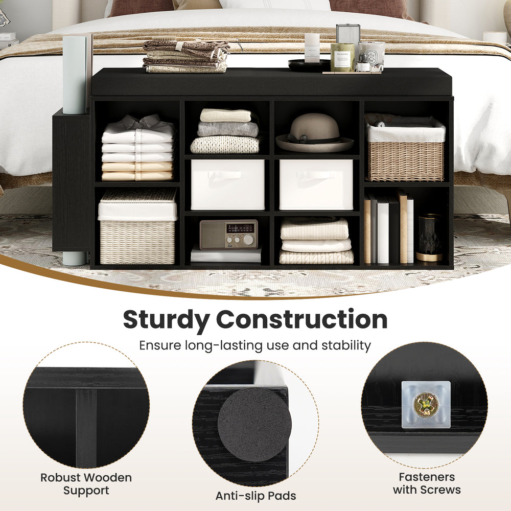 Shoe storage bench with umbrella stand in black, featuring 10 cubbies and a soft padded seat for entryway organization.