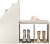 Shoe storage bench in white with removable cushion and 6 compartments, ideal for entryway organization.