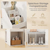 Shoe storage bench in white with removable cushion and six compartments for shoes and everyday essentials.