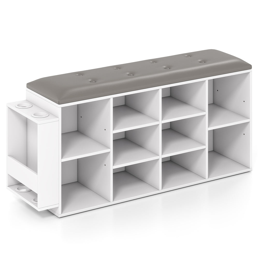 Shoe storage bench in white with umbrella stand, 10 storage cubes, and a button-tufted PU leather seat for versatile.