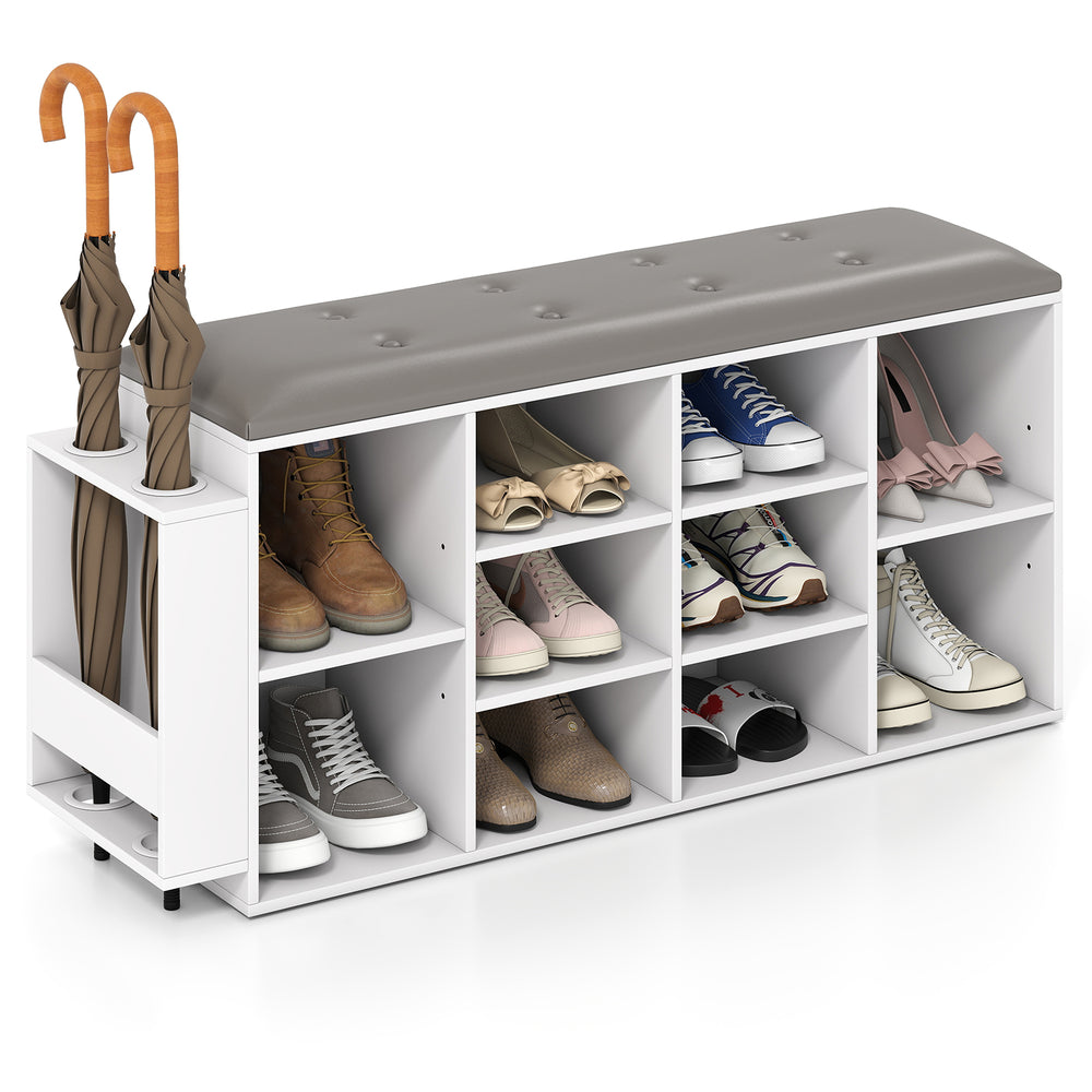 Shoe storage bench in white with 10 cubes, adjustable shelves, and a padded PU leather seat for entryway organization.
