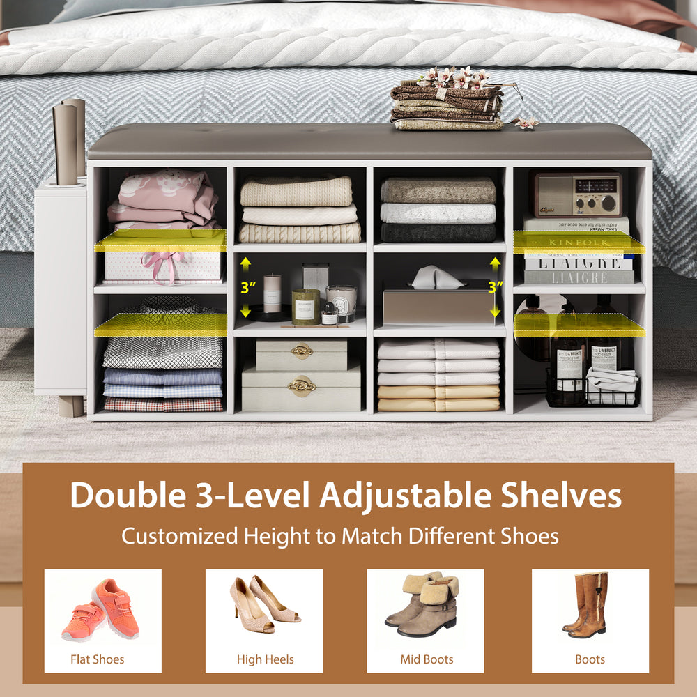 Shoe storage bench with adjustable shelves, umbrella stand, and tufted PU leather seat for entryway organization.