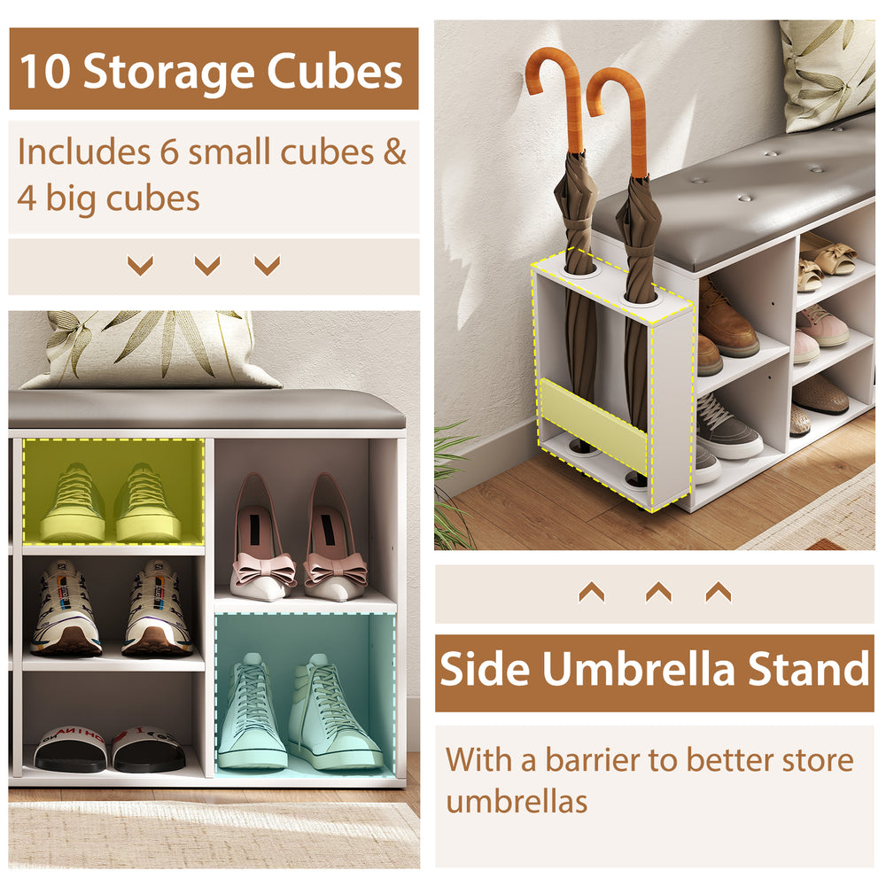 Shoe storage bench with umbrella stand, featuring 10 storage cubes and adjustable shelves, upholstered in durable PU.