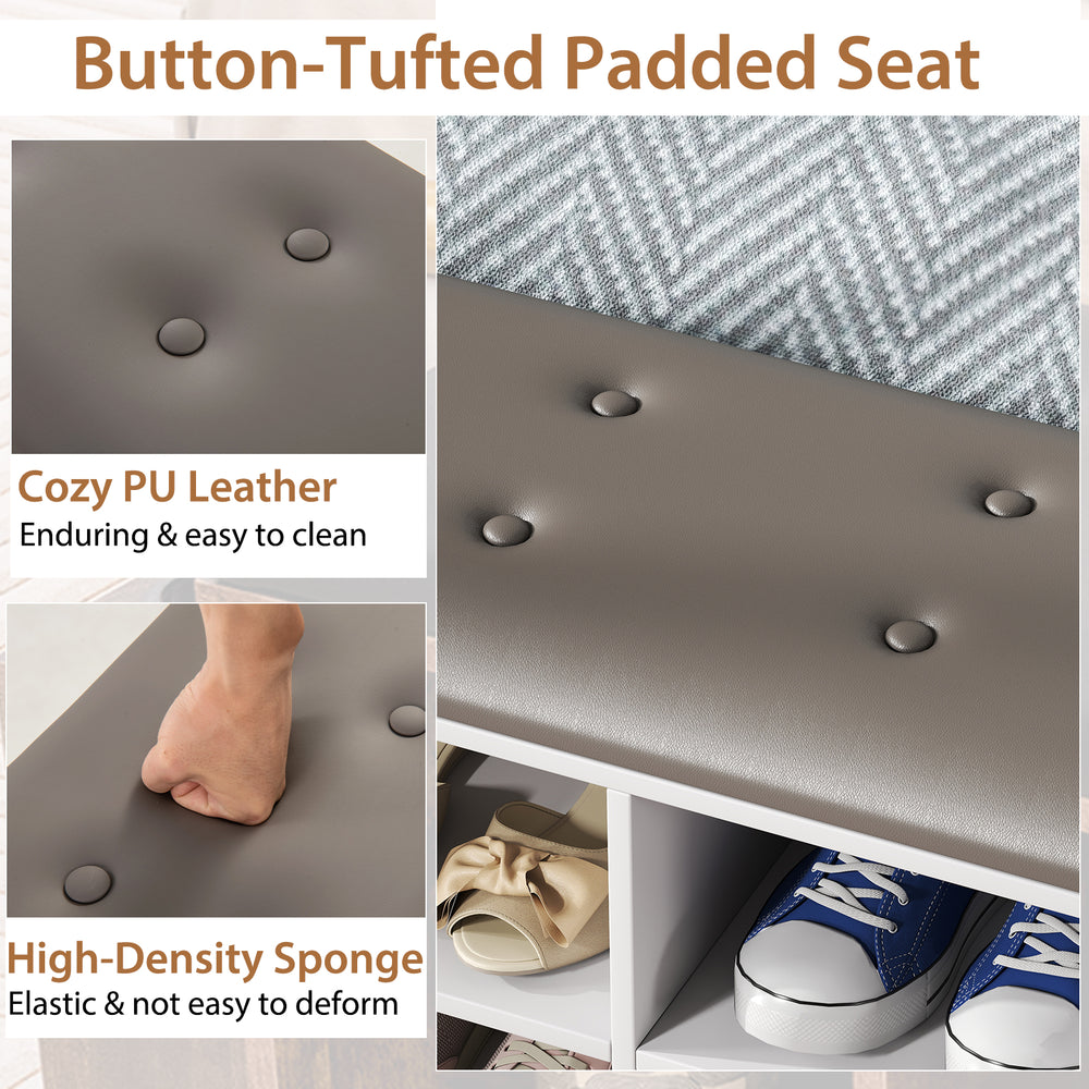 Button-tufted padded seat in cozy PU leather with high-density sponge for the Shoe Storage Bench with Umbrella Stand.