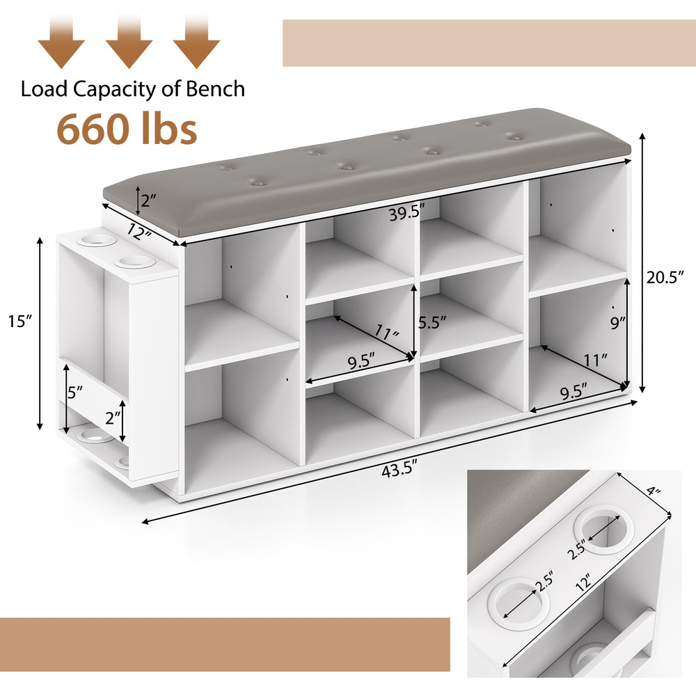 Shoe storage bench in white with adjustable shelves, umbrella stand, and button-tufted PU leather seat for entryway use.