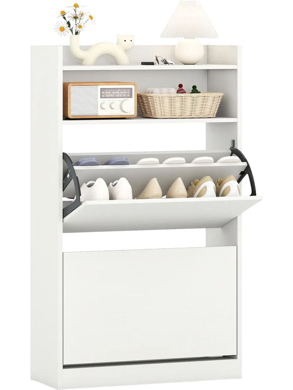 Shoe storage cabinet in white with 2 flip drawers and adjustable shelves, ideal for entryway or hallway organization.