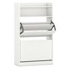 Shoe storage cabinet in white showcasing 2 flip drawers and open top shelf for versatile entryway organization.