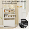Narrow white shoe cabinet with 2 flip drawers and adjustable shelves, perfect for entryway or hallway organization.