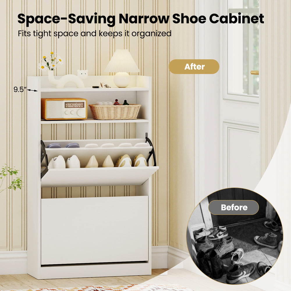 Narrow white shoe cabinet with 2 flip drawers and adjustable shelves, perfect for entryway or hallway organization.