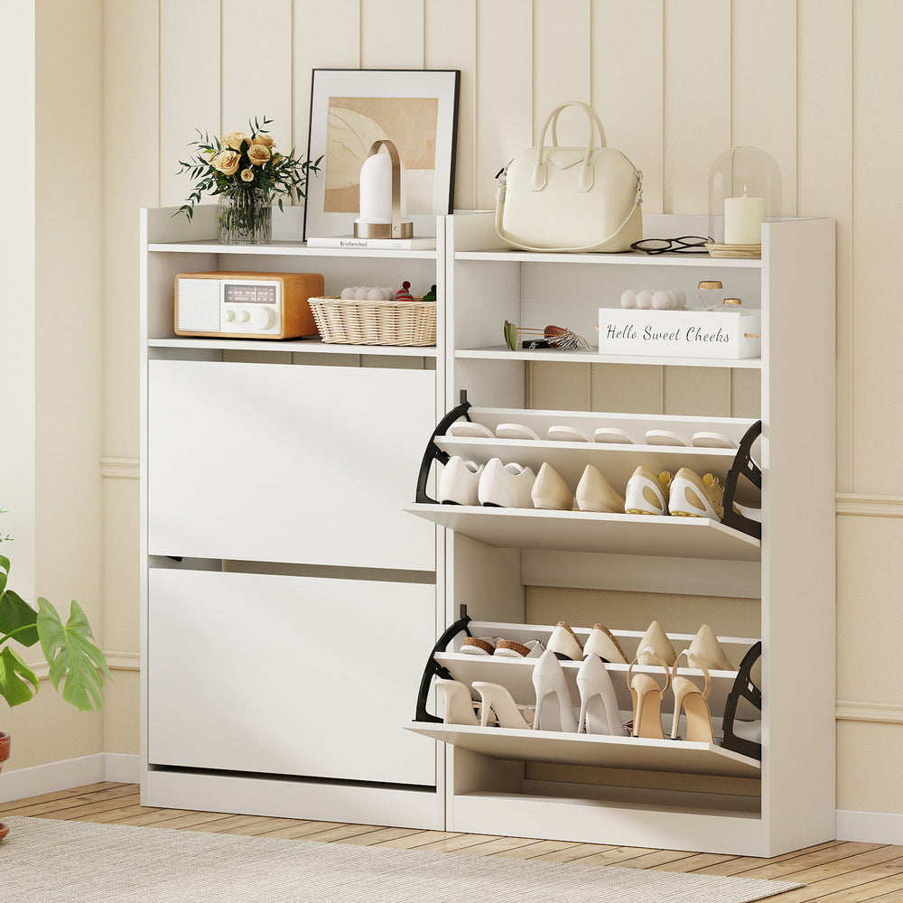 Shoe storage cabinet in white with adjustable shelves and 2 flip drawers, perfect for entryway or hallway organization.