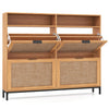 Shoe storage cabinet with 4 flip drawers, rattan-look fabric doors, and adjustable shelves for organized shoe storage.
