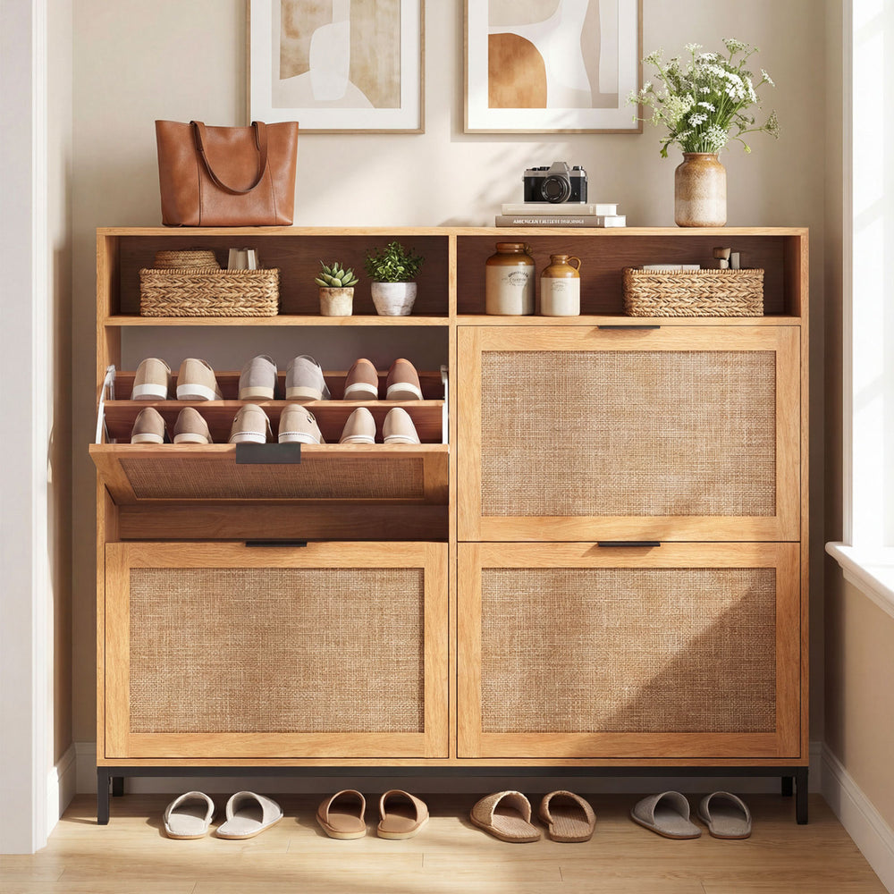 Shoe storage cabinet in coffee finish with 4 flip drawers and adjustable shelves for organized shoe display.