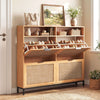 Shoe storage cabinet with 4 flip drawers and rattan-look fabric doors, perfect for organizing shoes in style.